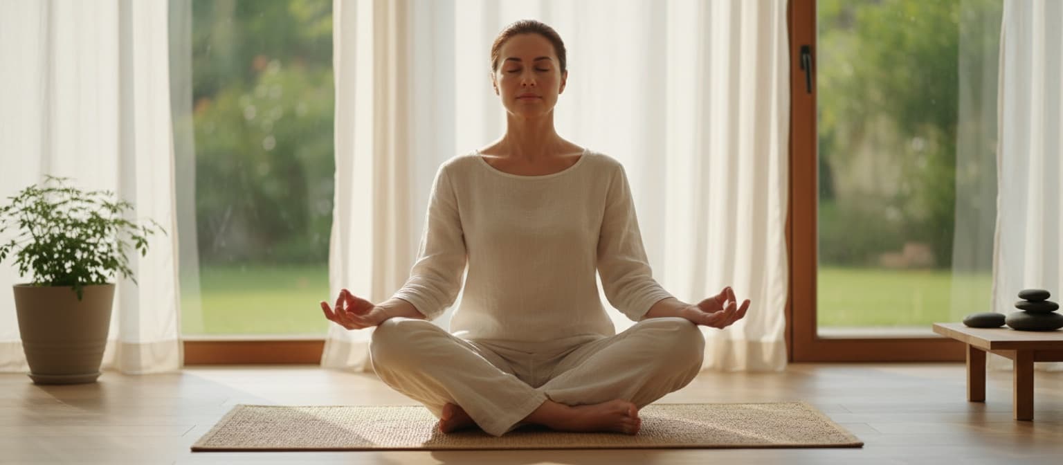 Client practising breathing exercises in a calm studio room