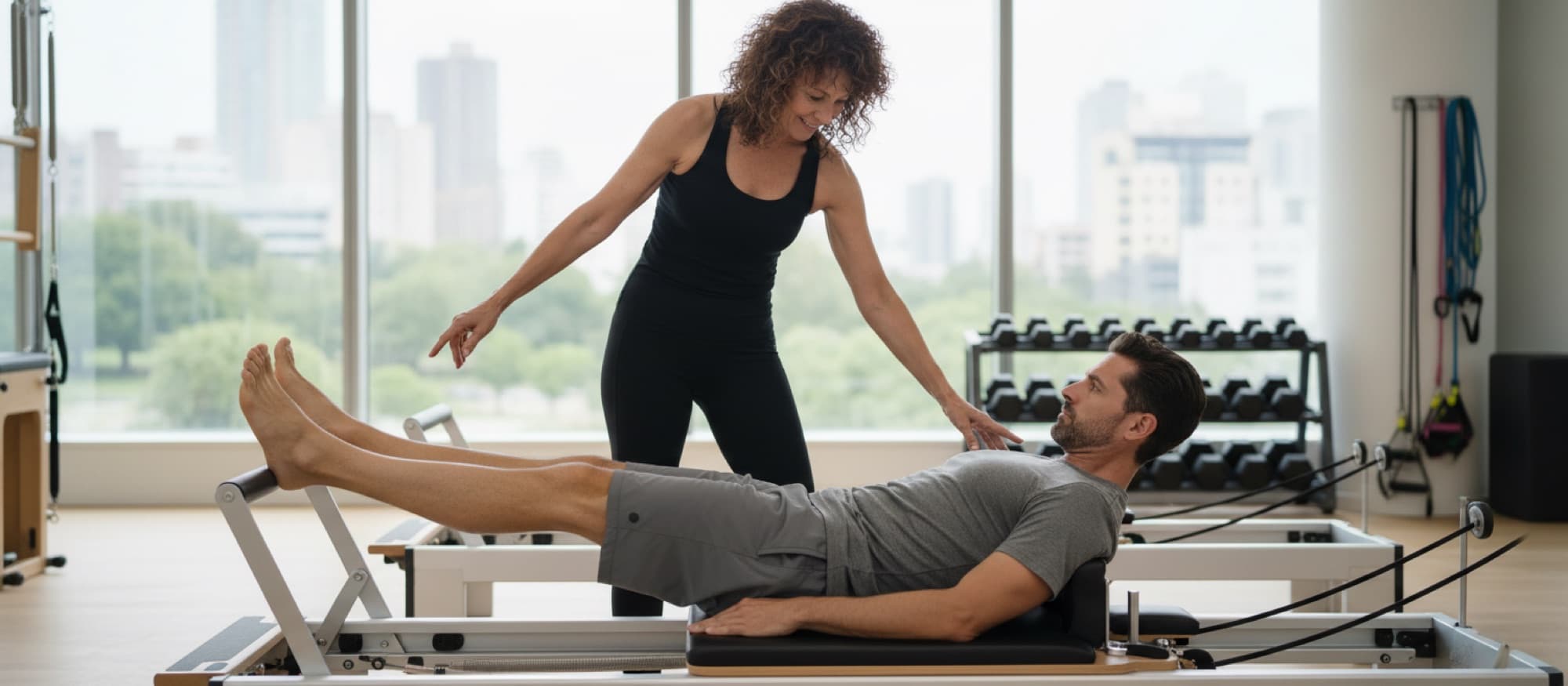 Instructor coaching a client through a reformer exercise