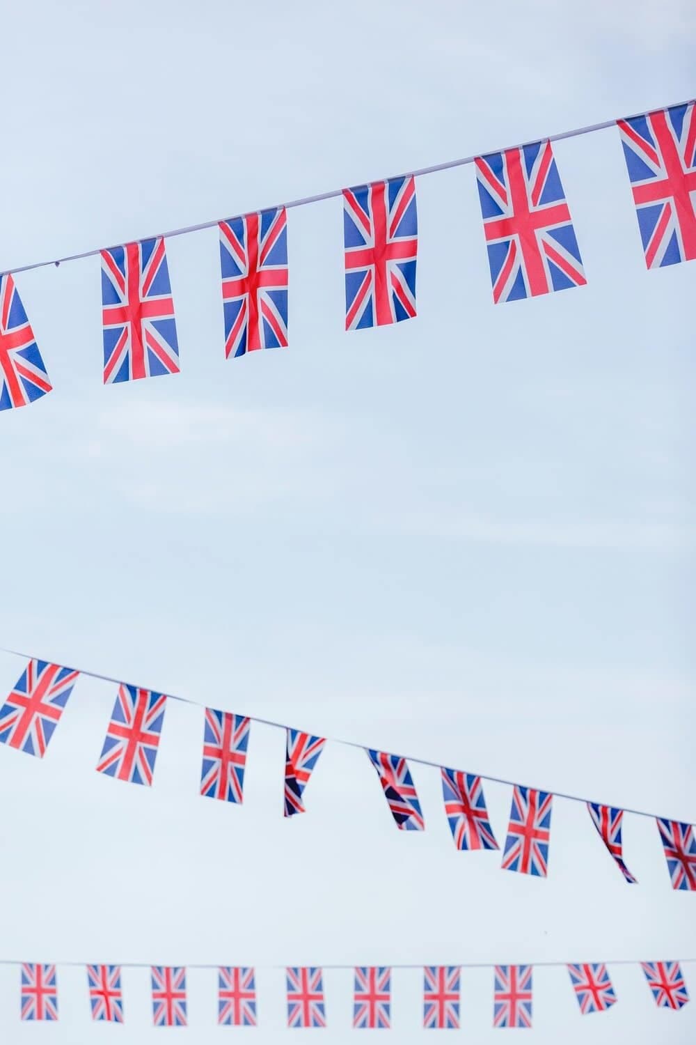 london flags hanging on a line